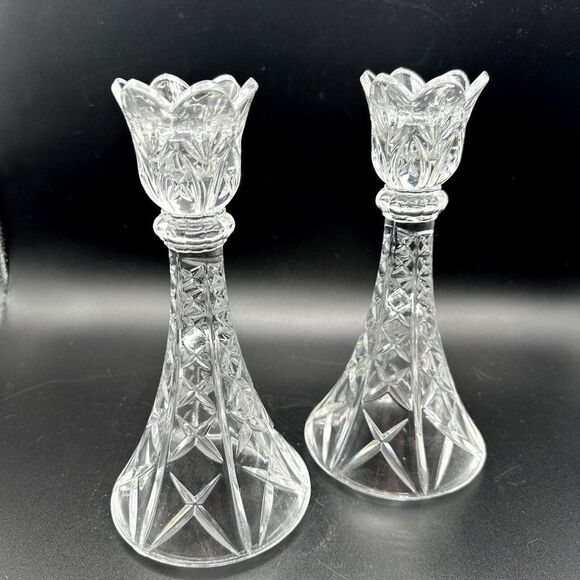 Vintage Crystal Candlestick Holders Pair 8" Clear Heavy 24% Lead Glass USA 1990s - Picture 1 of 9